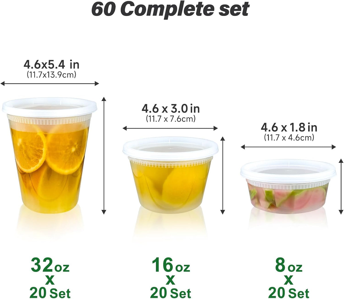 60 Set Deli Containers with Lids, 32/16/8 oz X 20 Set Each