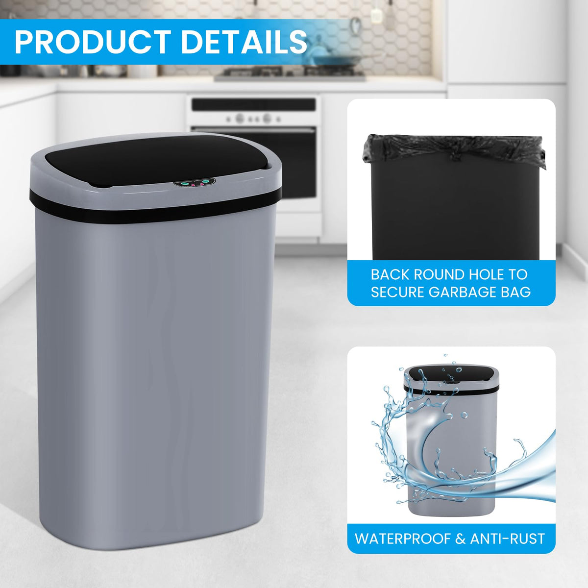 13 Gallon Trash Can | 50L Sensor Automatic Kitchen Trash Can with Lid | Touchless Garbage Bin Odor-Control for