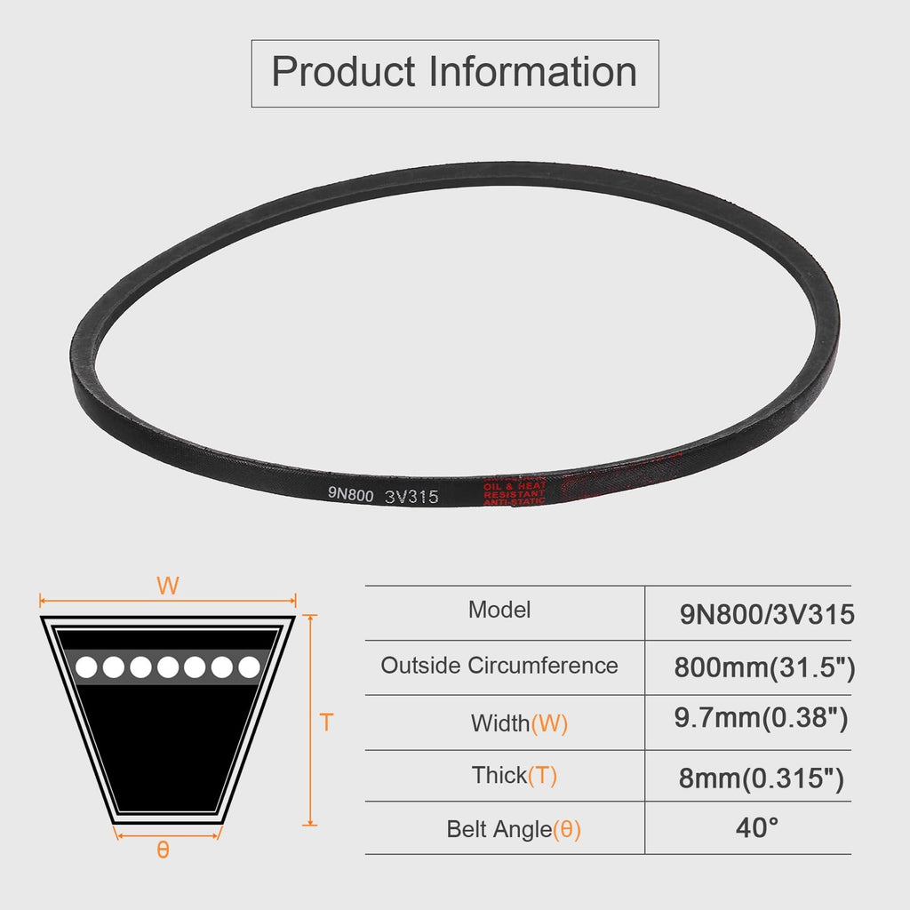 uxcell 3pcs 9N800 Metric Standard Replacement Belt, 800mm (31.5") Outer Circumference x 9.7mm Width x 8mm Thick, 3V315 Rubber V Belt