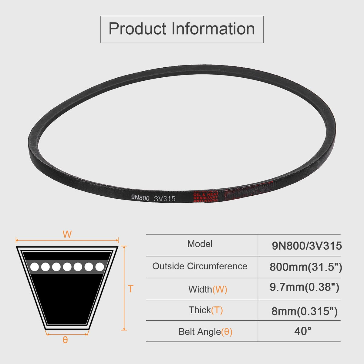 uxcell 3pcs 9N800 Metric Standard Replacement Belt, 800mm (31.5") Outer Circumference x 9.7mm Width x 8mm Thick, 3V315 Rubber V Belt