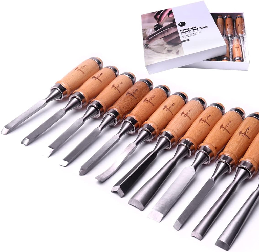 12pcs Wood Carving Chisel Set for Woodworking, Professional Wood Gouge Tools with Box and Roll Up Bags for Carpenter