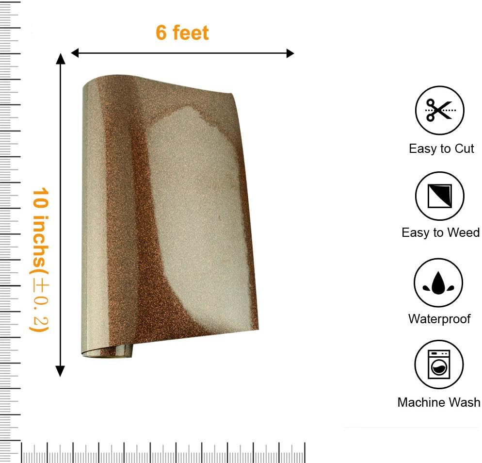 Brown Glitter HTV Heat Transfer Vinyl, 10 Inch X 5 Feet Iron on Vinyl Rolls for Garment T-Shirt, Compatible with