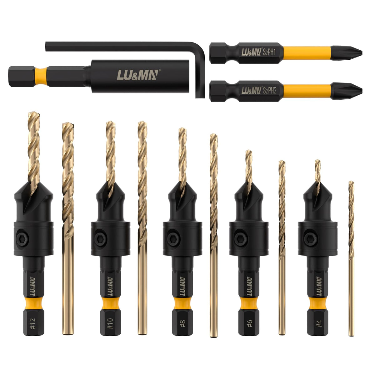 LU&MN Countersink Drill Bit Set, 1/4" Hex Shank, 14 Pcs