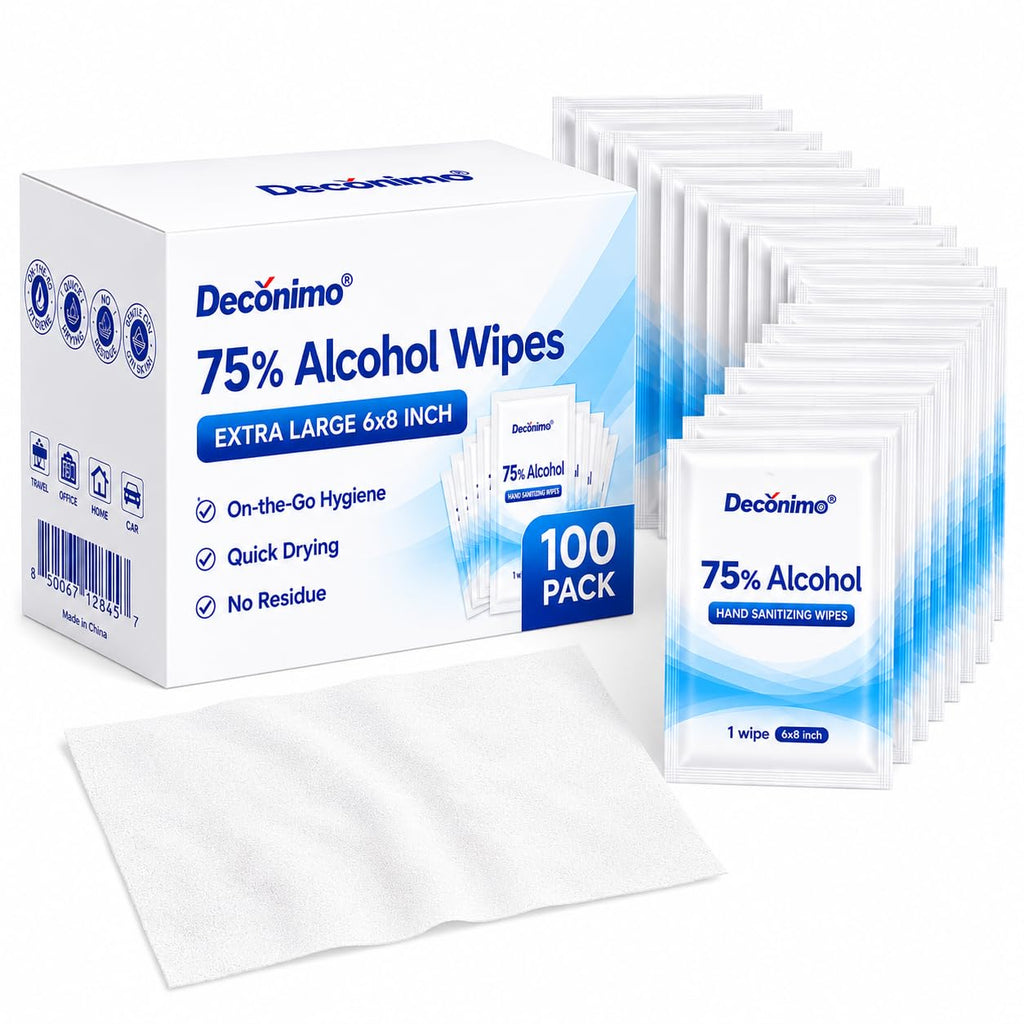 Extra Large 75% Alcohol Wipes, Individually Wrapped Pre-Moistened Disposable Wipes, Portable Travel Pack, 100 Count