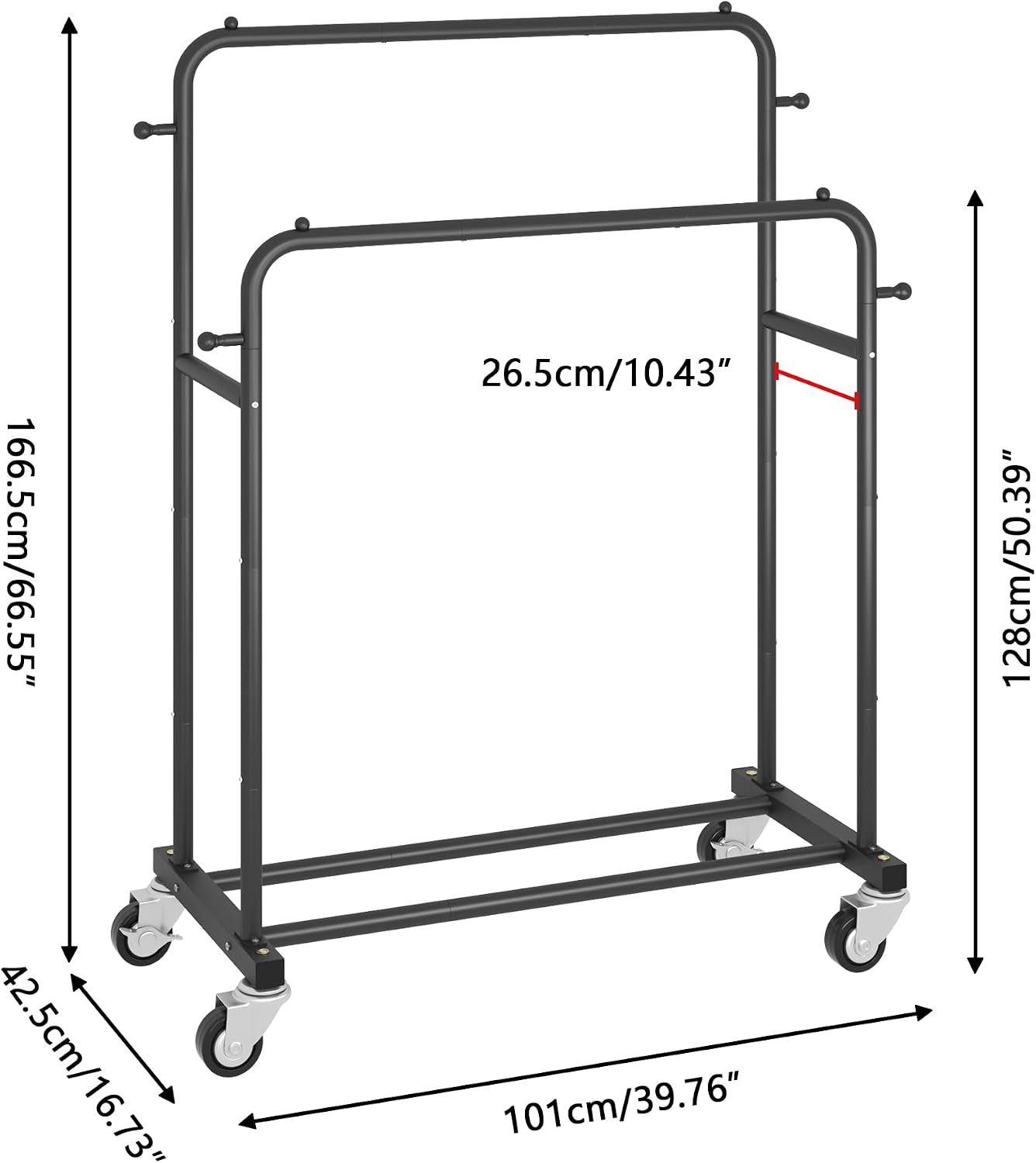 Double Rods Garment Rack with Wheels, Clothing Rack for Hanging Clothes,4 Hooks, Multi-functional Bedroom Clothes