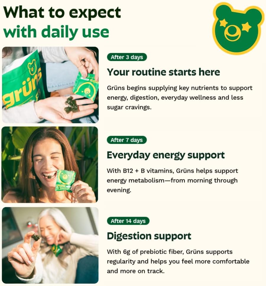 Gruns Adult Super Greens Multivitamin Gummies, Superfood Gummy Vitamins for Women and Men with Spirulina, Chlorella