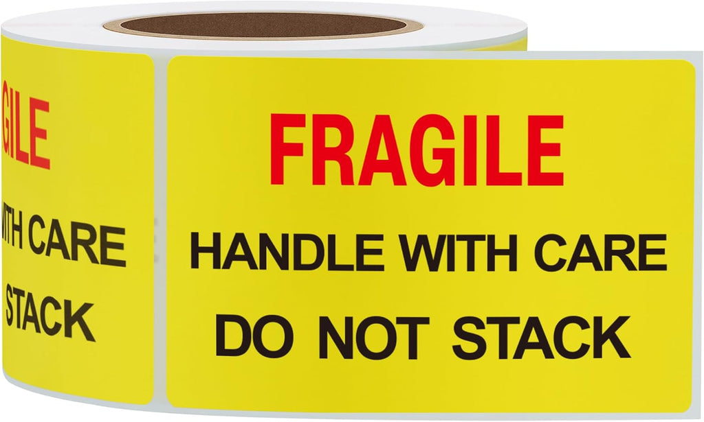 2x3 inch 300pcs Fragile Stickers for Shipping Moving Handle with Care Do Not Stack Yellow Warning Labels (Type 1)