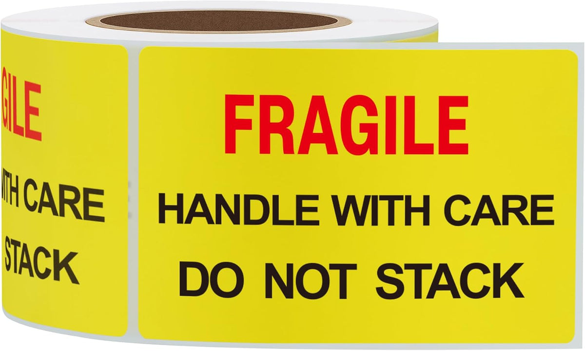 2x3 inch 300pcs Fragile Stickers for Shipping Moving Handle with Care Do Not Stack Yellow Warning Labels (Type 1)
