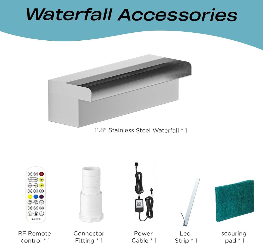 Pool Fountain Stainless Steel Waterfall with LED Lights - 11.8" LED Strip Remote Control with 18 Colors, Smooth Water