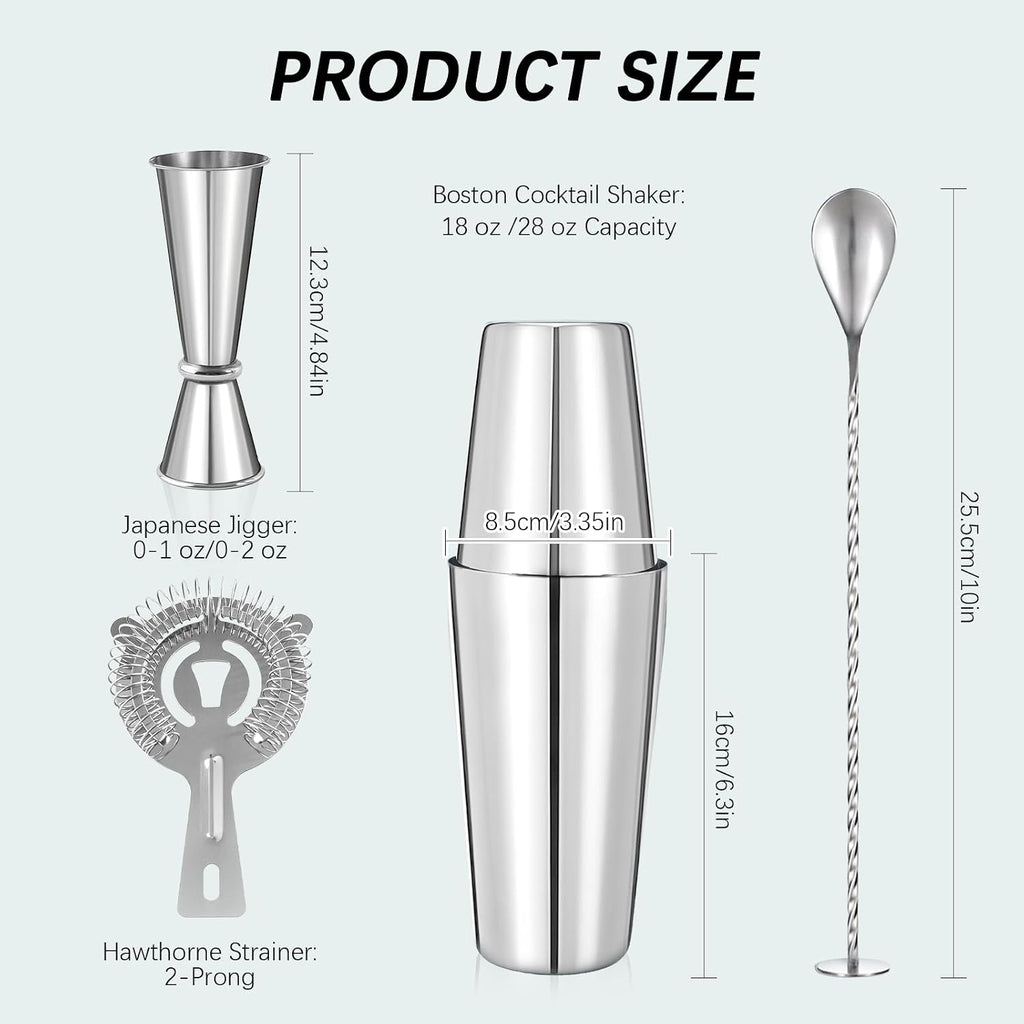Professional Cocktail Shaker, Professional 5-Piece Bartender Kit with Boston Shaker, Hawthorne Strainer, Double
