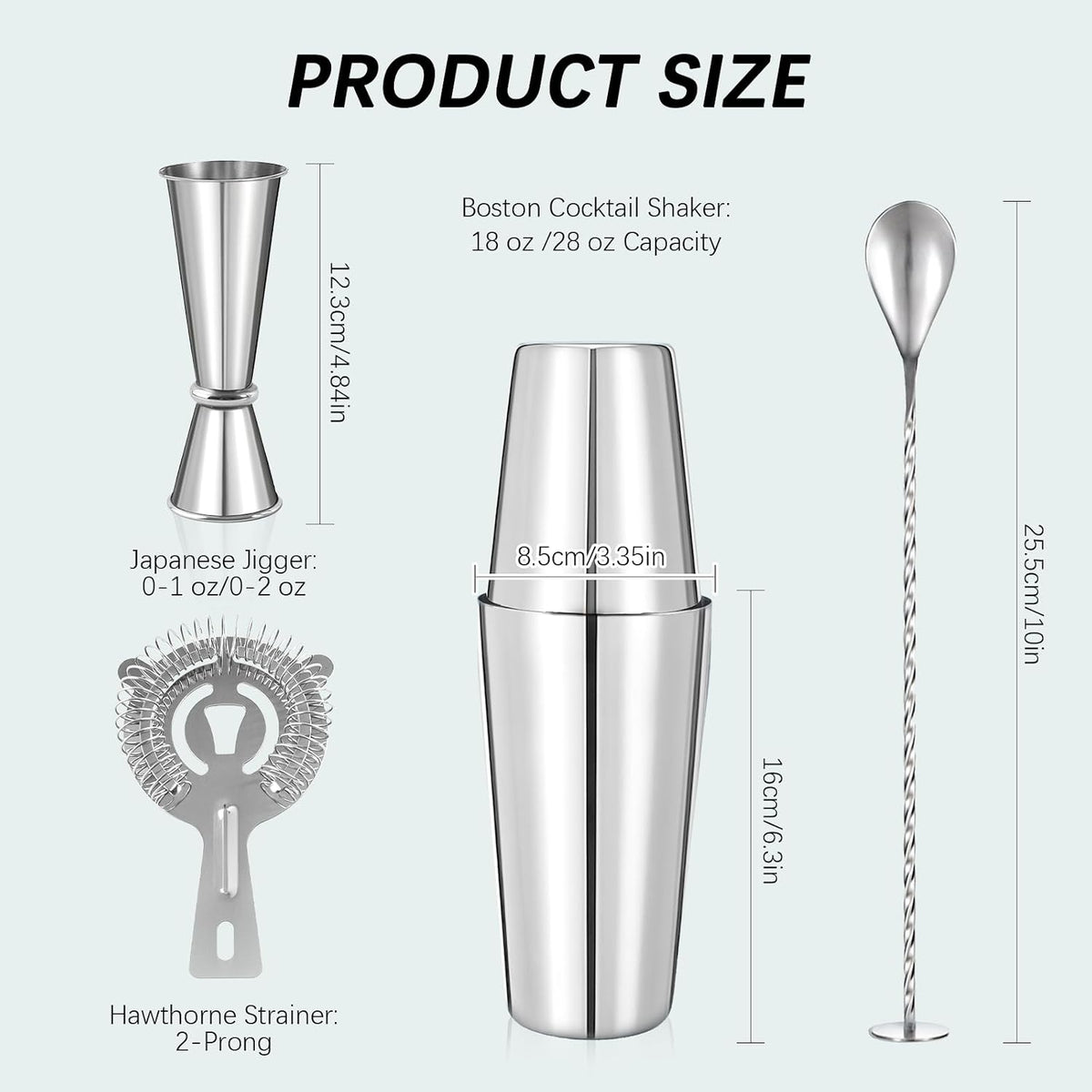 Professional Cocktail Shaker, Professional 5-Piece Bartender Kit with Boston Shaker, Hawthorne Strainer, Double