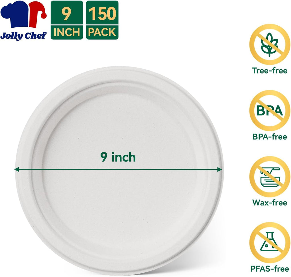 9 Inch Paper Plates, White Compostable Plates 150 Pack