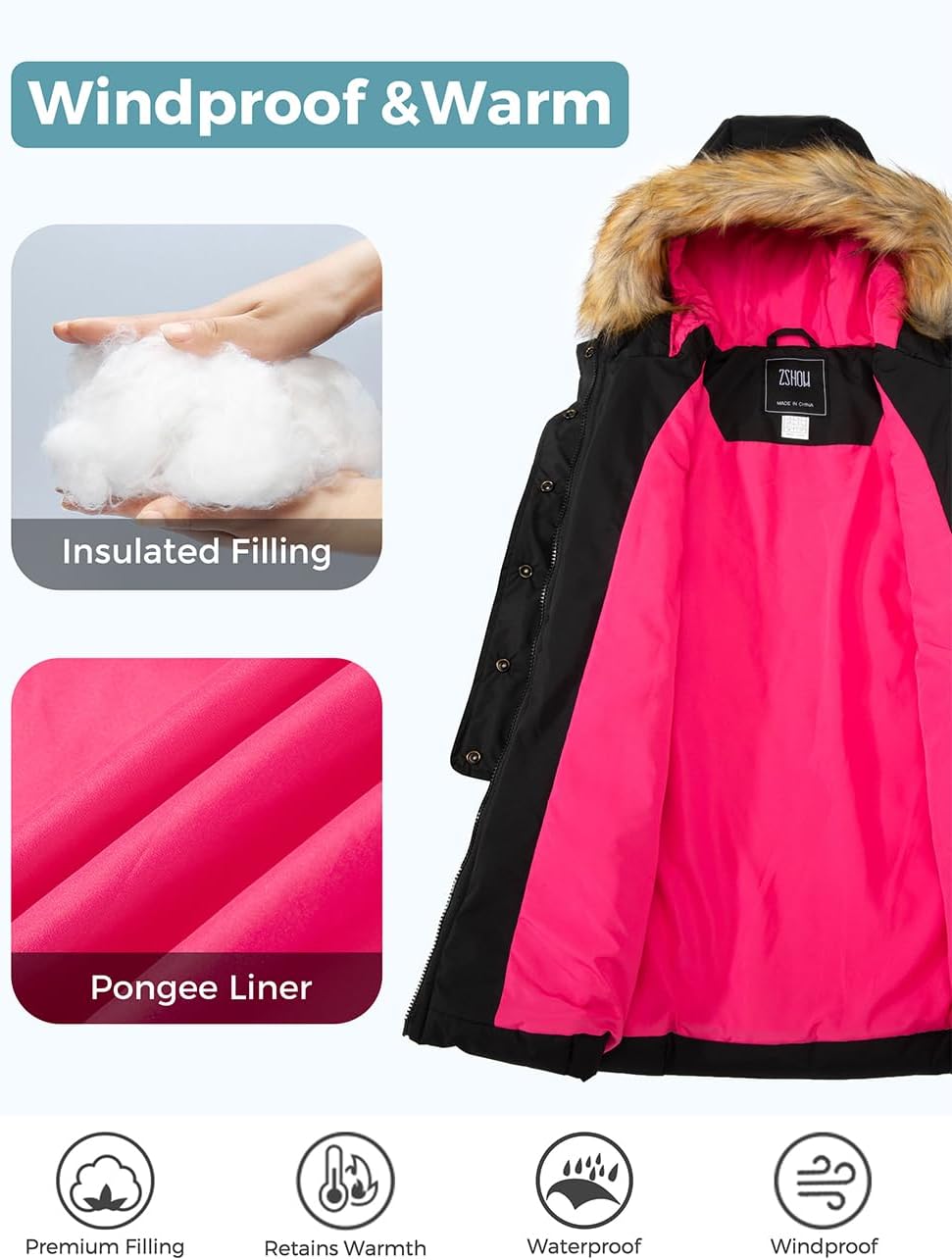 Girls' Long Winter Coat Waterproof Warm Puffer Jacket Hooded Parka | 5000mm Waterproof, Hood With Removable Faux Fur