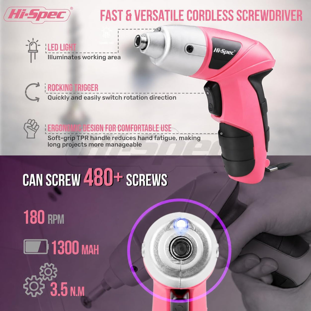 Cordless Electric Screwdriver, Power Screw Driver Set with Pink Compact Tool Kit for Small Repair and Maintenance