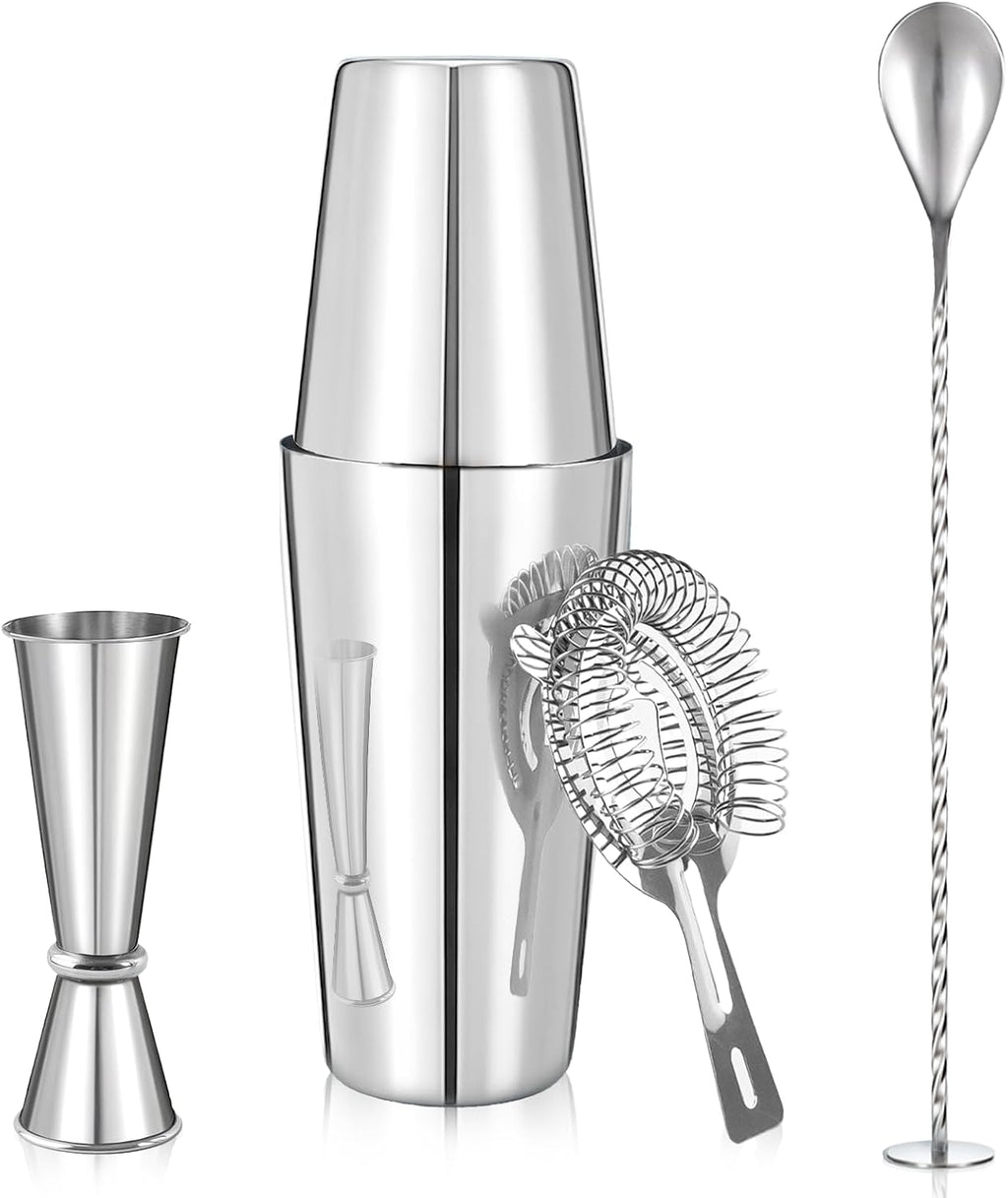 Professional Cocktail Shaker, Professional 5-Piece Bartender Kit with Boston Shaker, Hawthorne Strainer, Double