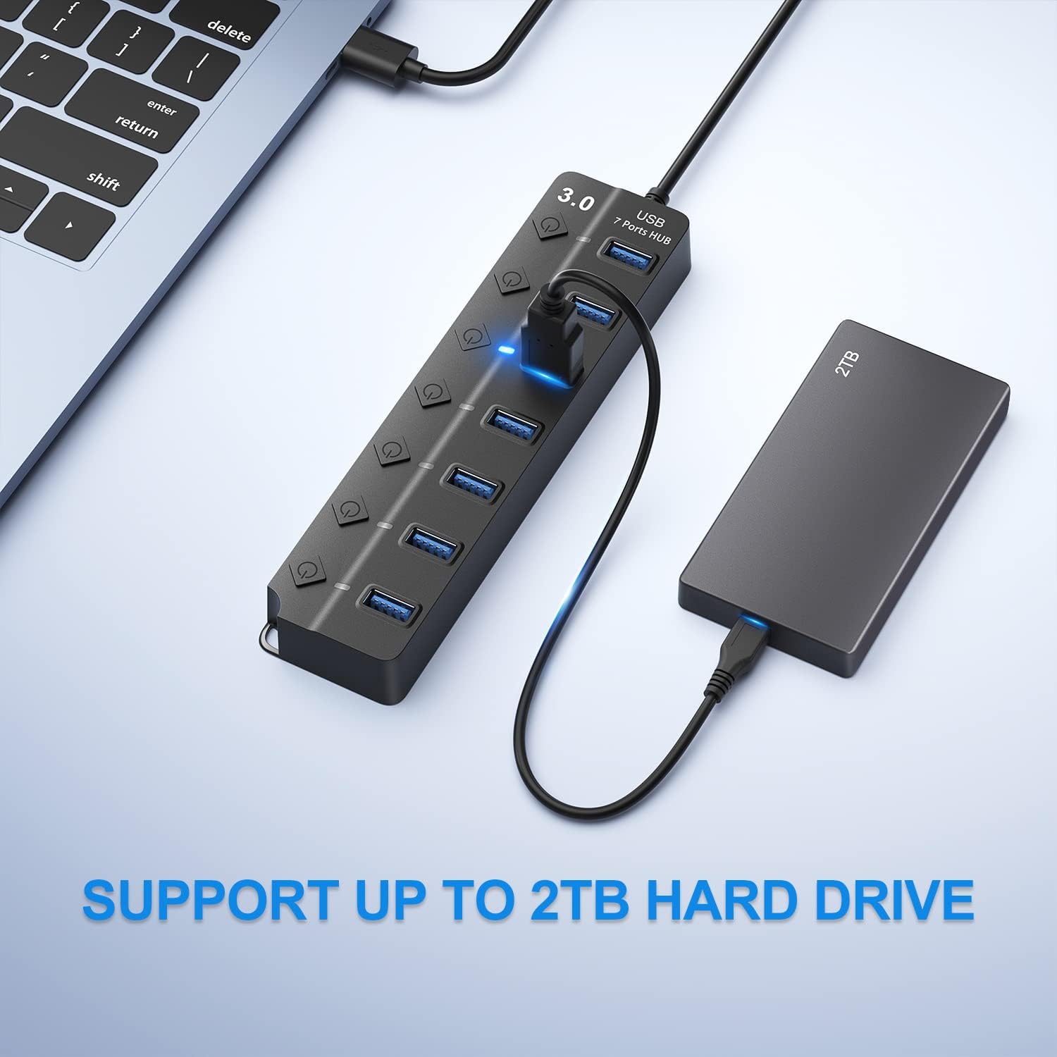 USB Hub 3.0, 7-Port USB A Splitter with Individual On/Off Switches and Lights, 3.2ft/1m Long Cable, Extender for A