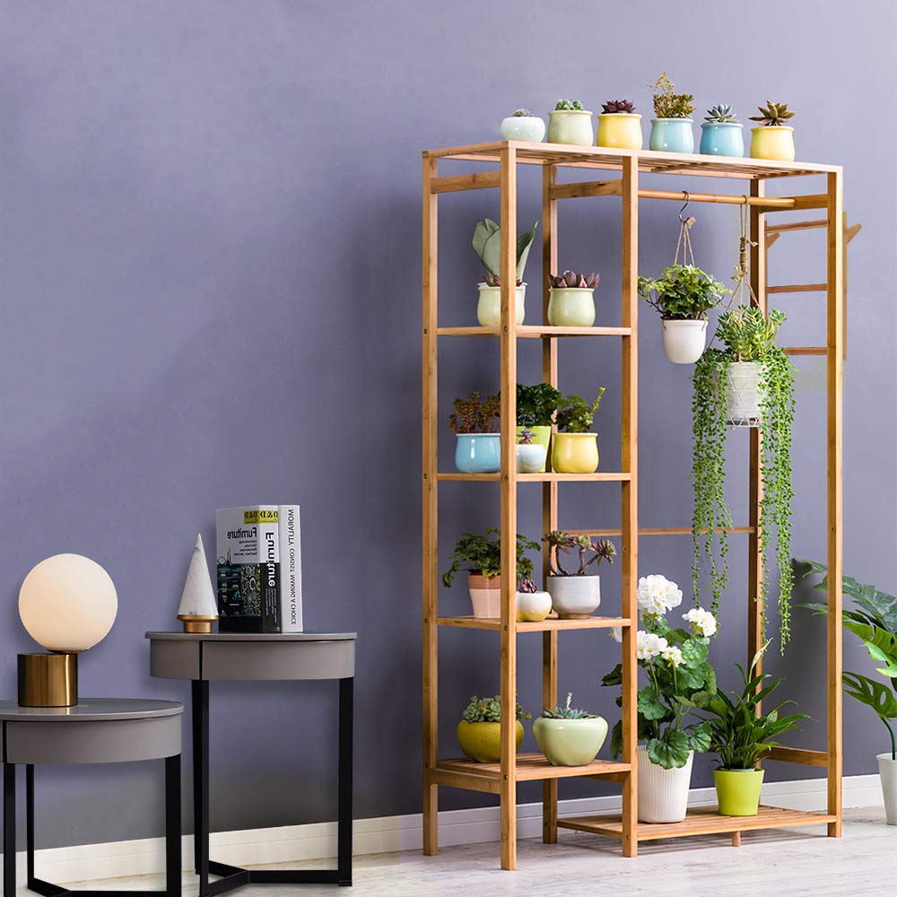 Bamboo Garment Rack with 6 Tier Storage Shelves & Hanging Rod