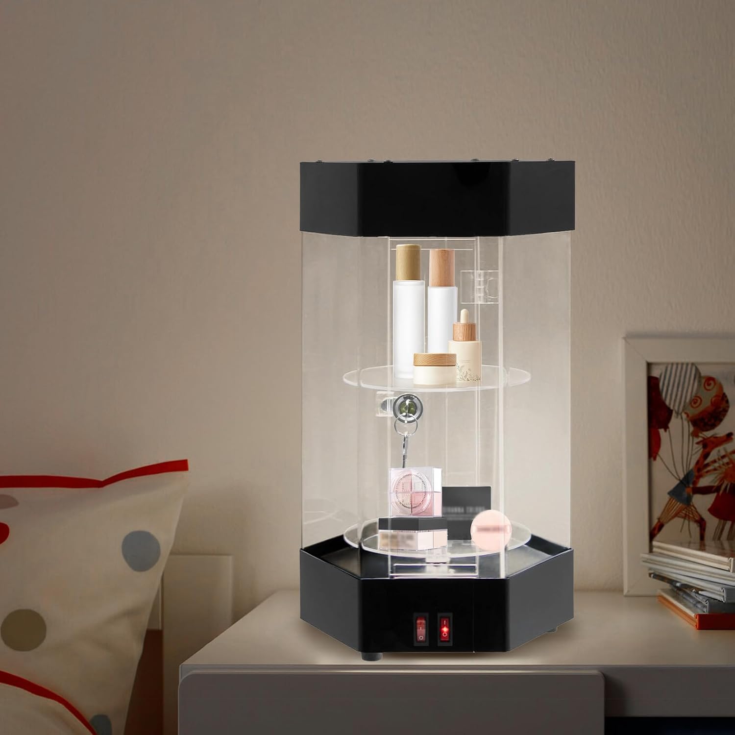 LED Display Case with 360° Rotation, 2-Tier Lockable Acrylic Showcase, Electric Rotating Hexagonal Clear Cabinet for
