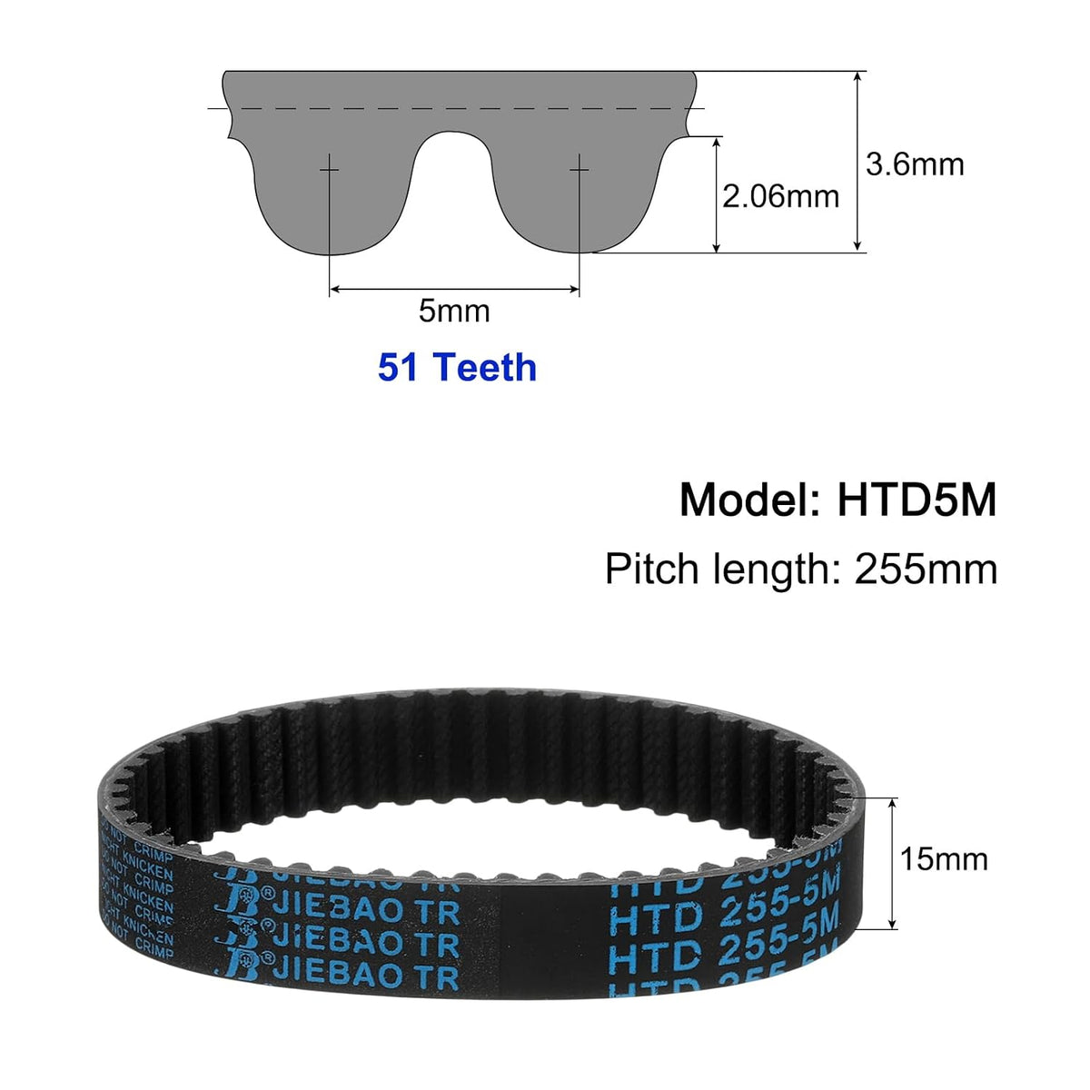 uxcell 3pcs HTD-5M Rubber Timing Belt 51 Teeth, 255mm Pitch Length x 15mm Width x 3.6mm Height, Closed Loop Pulley Timing Belt