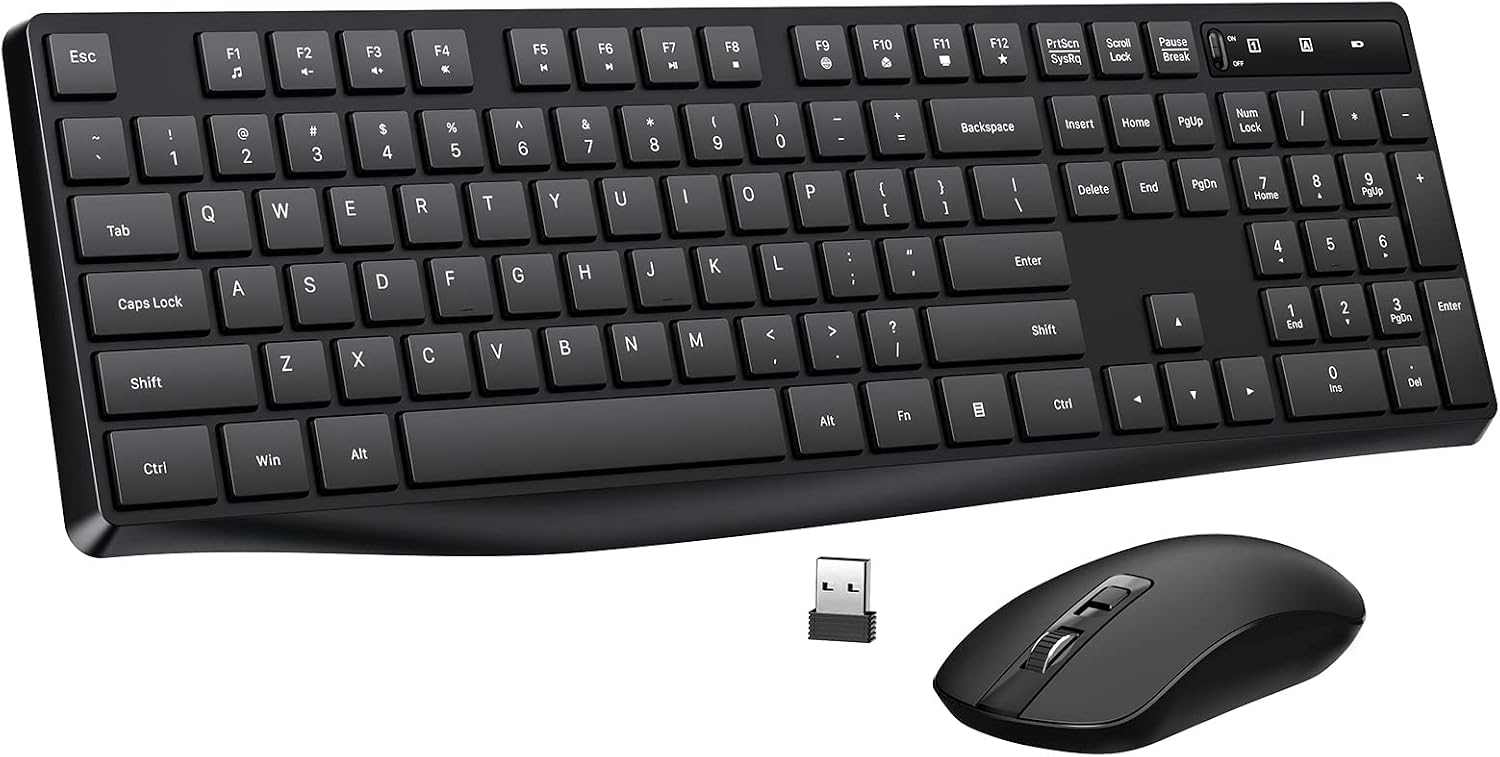 2.4G Wireless Keyboard Mouse Combo, Full-Sized for Computer- Black | Ergonomic, Low profile Keys, 3 DPI Adjustable