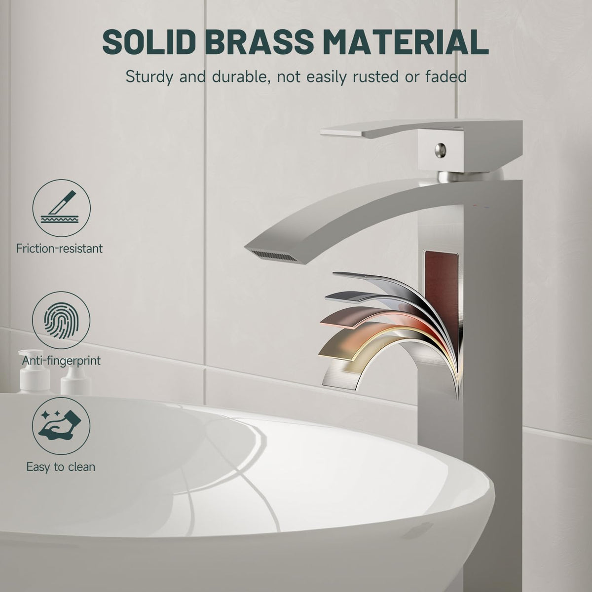 Brushed Nickel Vessel Sink Faucet, Waterfall Bathroom Faucets