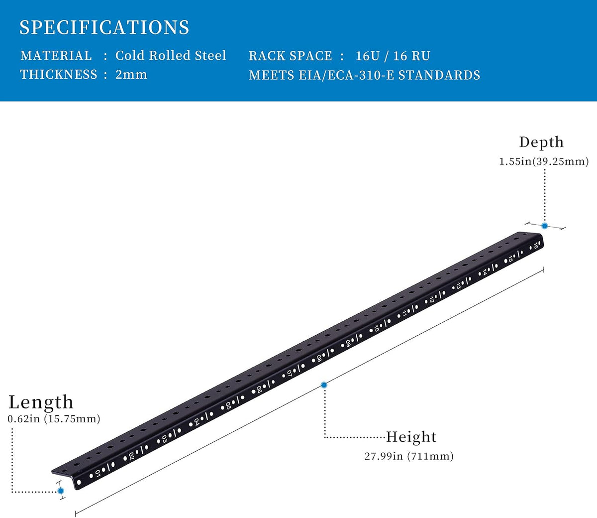 RackPath 16U Vertical Server Rack Rail Pair Kit, DIY Rack Build, 12-24 Screws x64