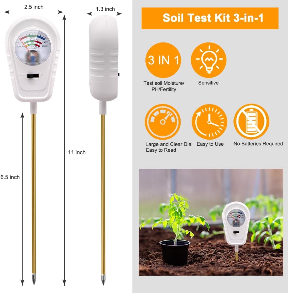 Soil Test Kit 3-in-1, Soil Moisture Meter, Soil PH Meter, Fertility Soil Tester, Soil Tester for Garden, Lawn, Farm