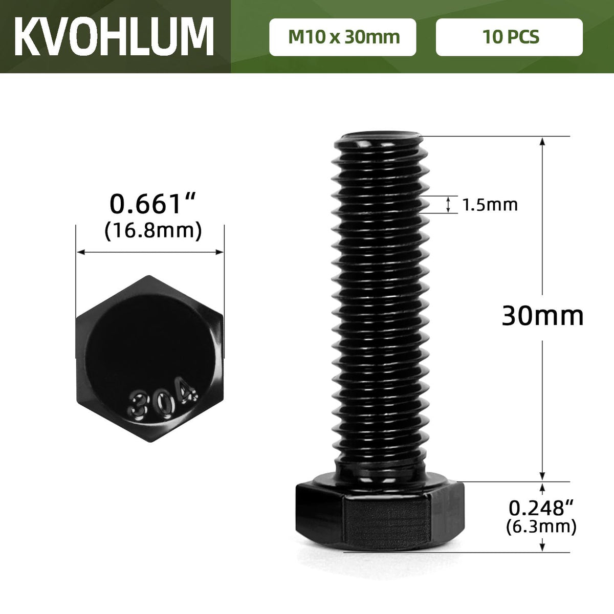 10 PCS M10 x 30mm Hex Head Screw Bolt, Stainless Hex Bolts, Full Thread, 18-8 Stainless Steel (304), Black Coating