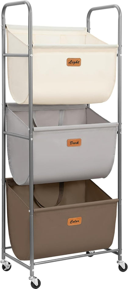 120 Liters Vertical Rolling Laundry Hamper, 3 Section Laundry Sorter with Wheels and 2 Breaks, 3-tier Laundry Baskets