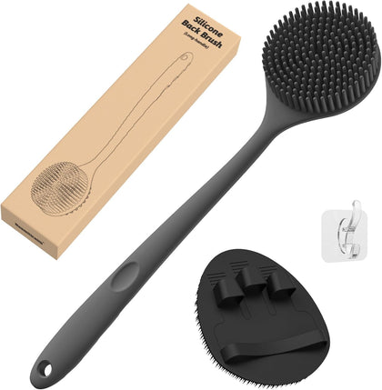 Silicone Back Scrubber(Thick Bristles) & Soft Bath Glove Set, Super-Exfoliating Body Scrubber & Super-Lathering