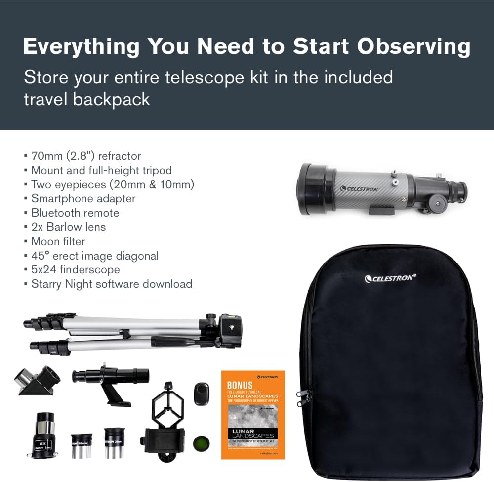 Travel Scope 70mm DX Refractor Telescope Kit with Backpack | Ideal Telescope Kit for Beginners & Travel, Day-to-Night