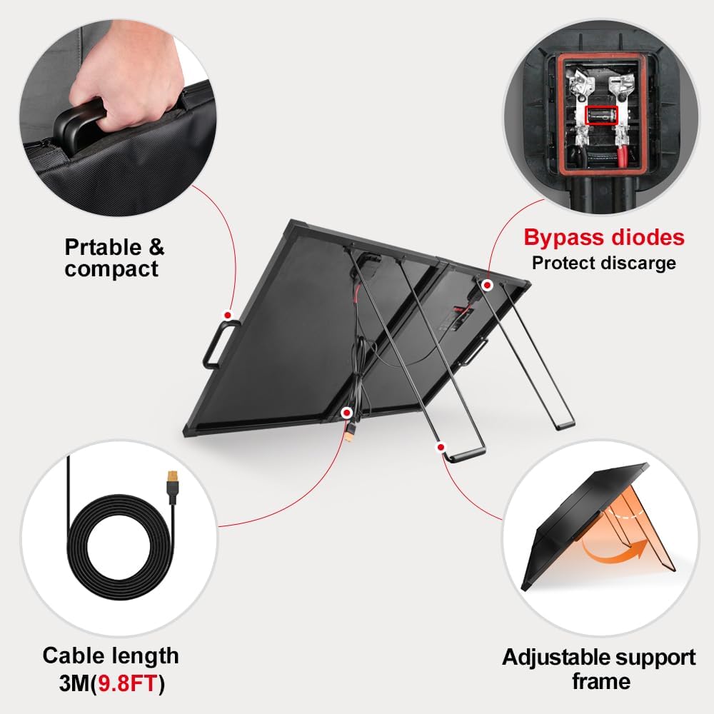 100W Foldable Solar Panel Suitcase with 10A Controller, Gray | Folds to 19.3 x 23.8 in and weighs 10.1 lb; waterproof