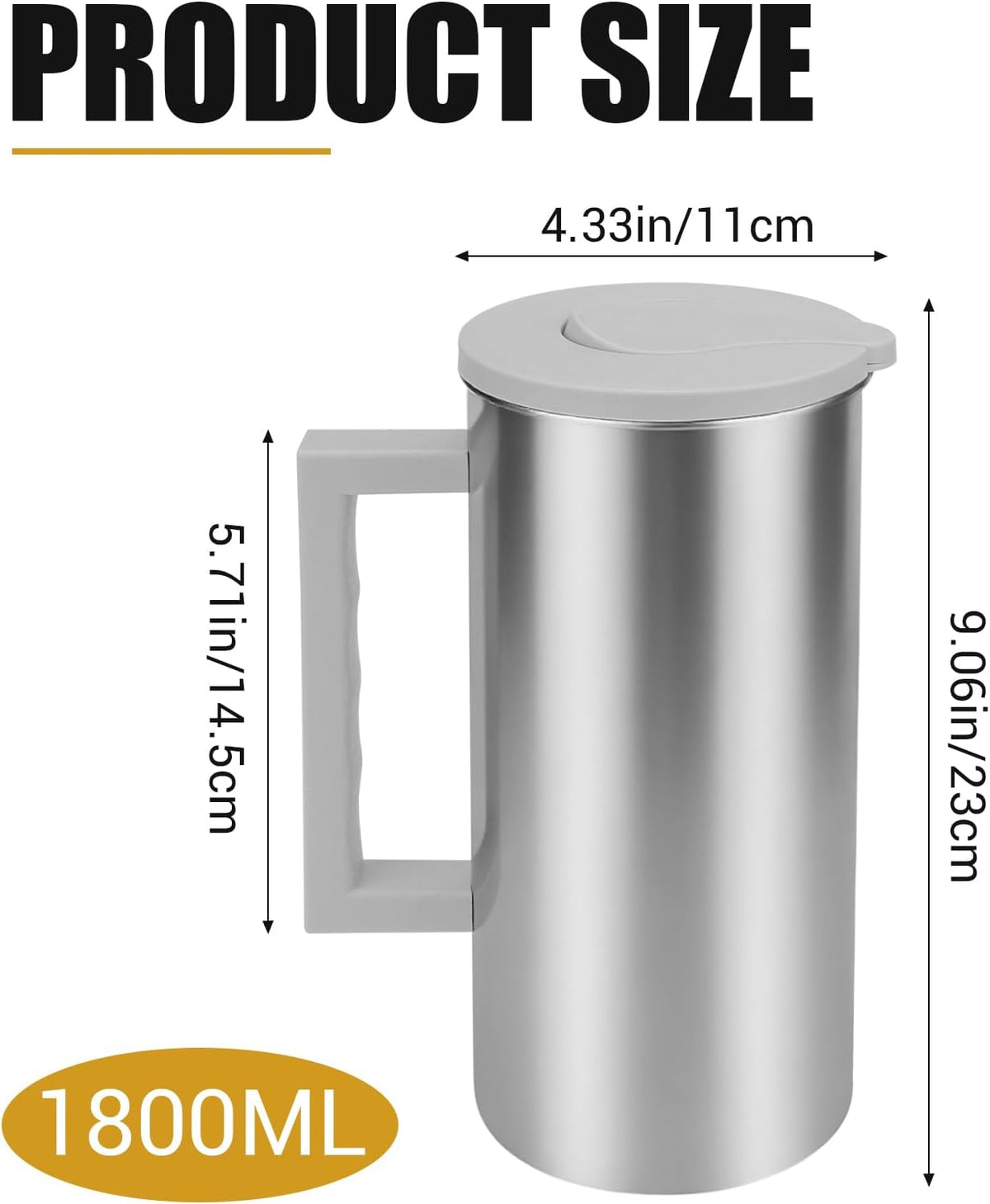 Metal Water Pitcher with Lid,60oz Stainless Steel Juice Container Gray
