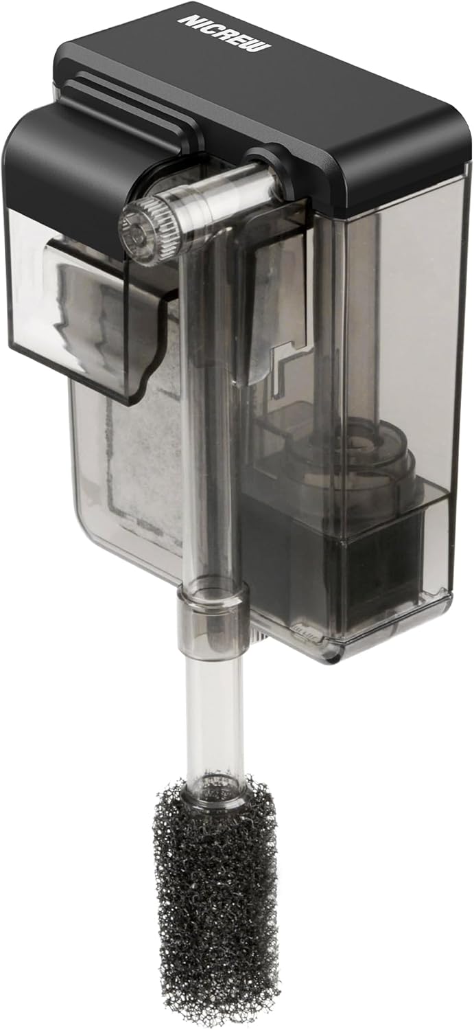 Slim Aquarium Filter, Quiet Fish Tank HOB Filters for up to 5 Gallon Aquariums, Adjustable Flow, 42 GPH, 3W