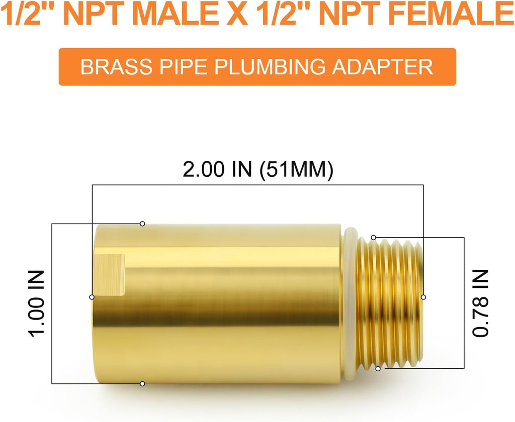 2Pcs Brass Pipe Plumbing Adapter with Rubber O-ring, 1/2" NPT Male x 1/2" NPT Female Pipe Fitting Coupler,Length 2 Inch