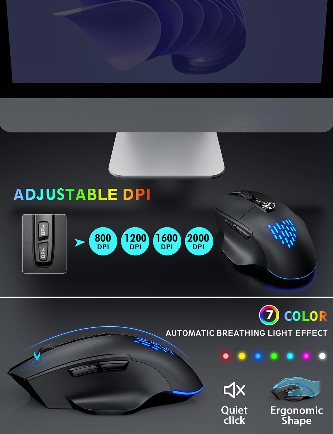 Wireless Keyboard and Mouse Combo, Backlit Scissor Keys, Wrist Rest | 7-Color Backlight, Phone Holder, Rechargeable