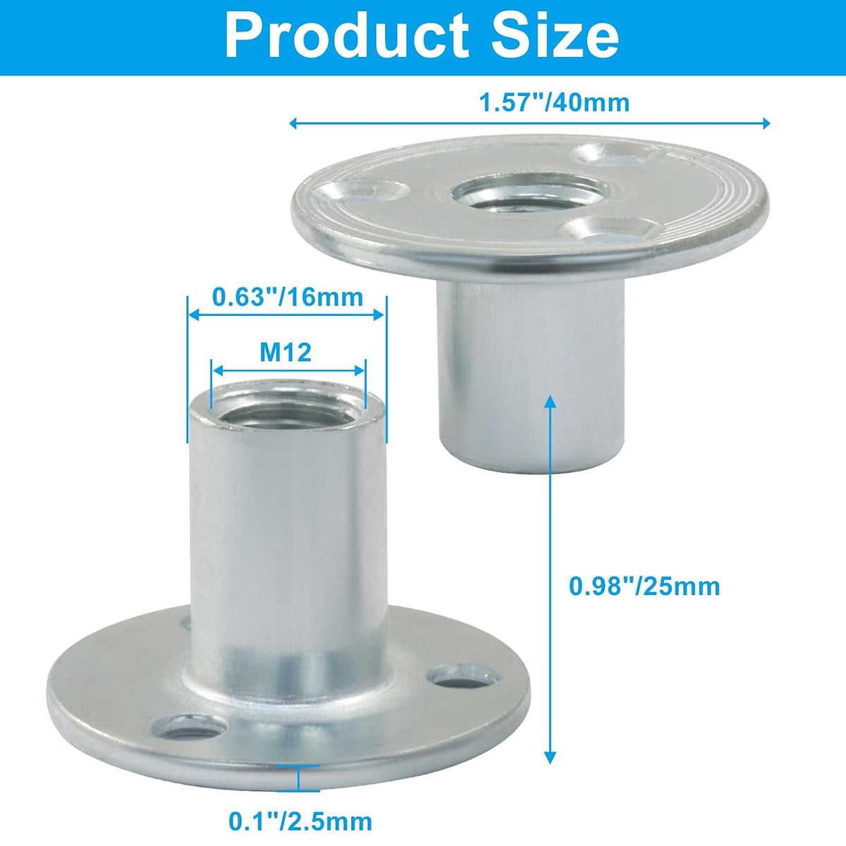 M12 Brad Hole T Nut, 5 Pcs, Carbon Steel