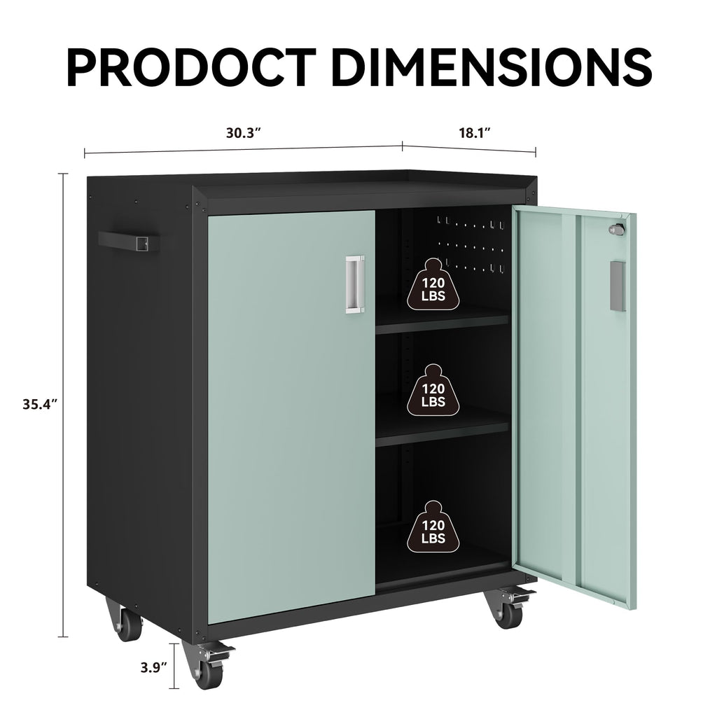 Gray & Black Metal Garage Cabinet with Wheels, Lockable 2-Door