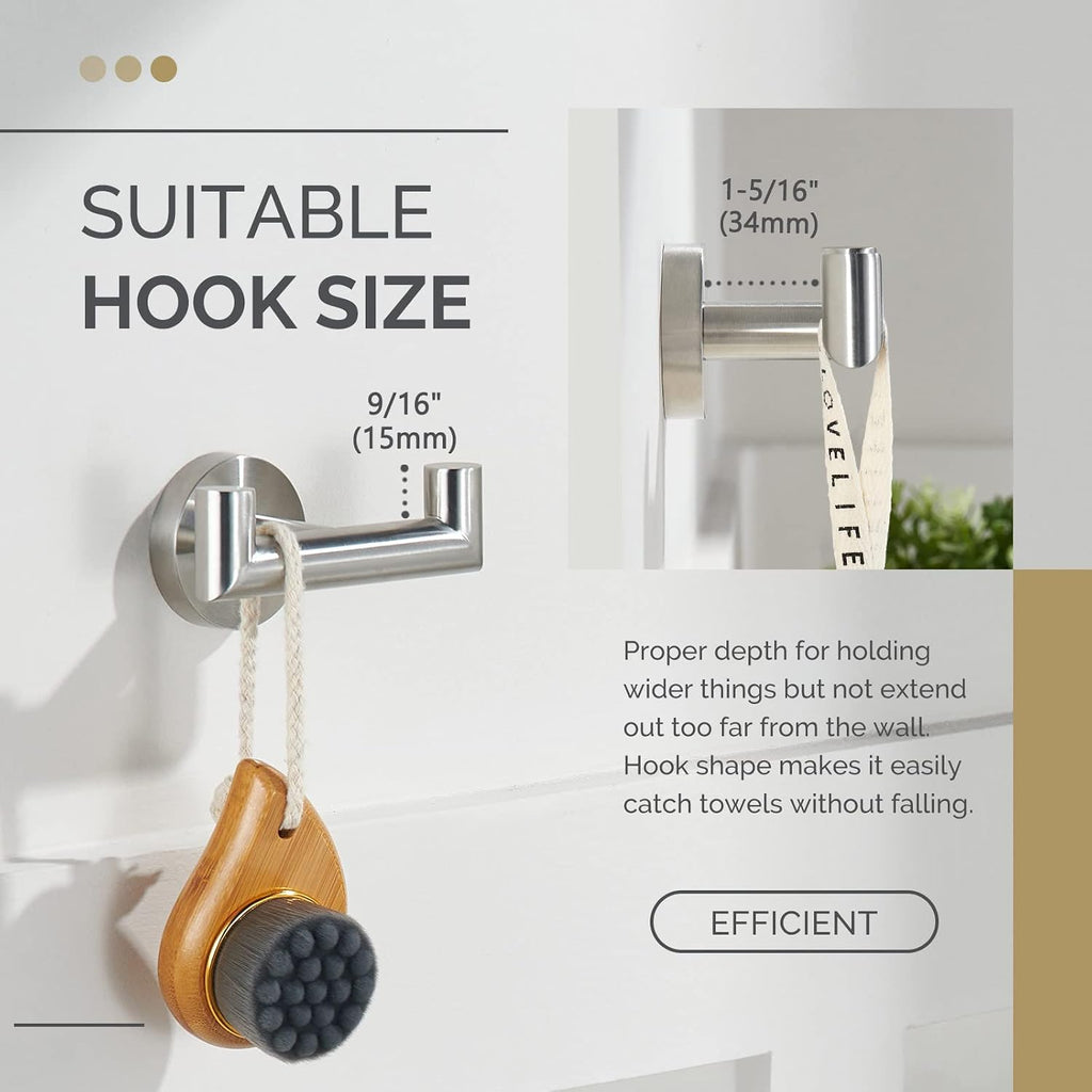 Towel Hook for Bathroom Wall, Hand Towel Holder Brushed Nickel | SUS304 Stainless Steel, Double Robe Coat Holder