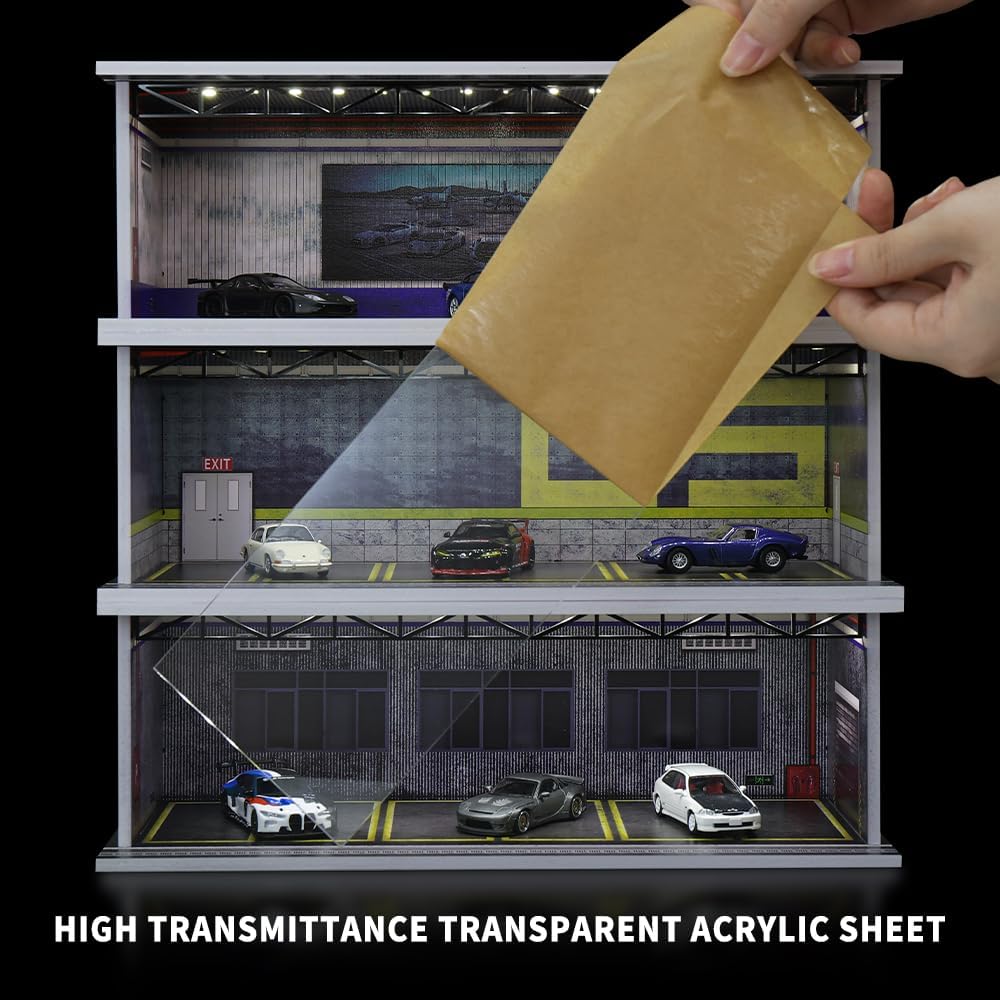 1/64 Scale Diorama Garage Display Case for Die-Cast Model Cars | Acrylic Cover, Storage with 6-Space Scene Parking