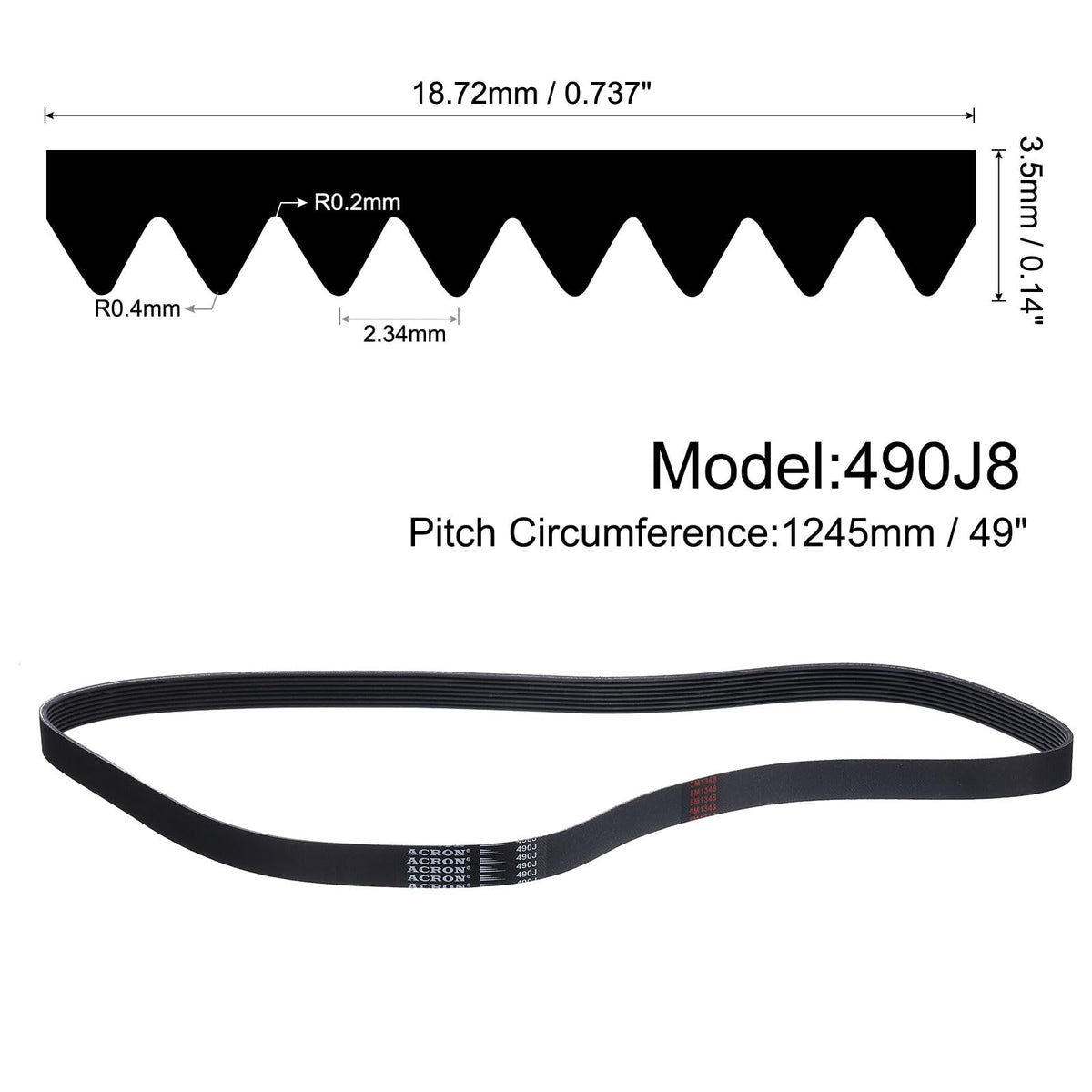 uxcell 490J8 PJ V-Ribbed Belt 8 Ribs 49" L x 0.74" W x 0.14" H, EPDM