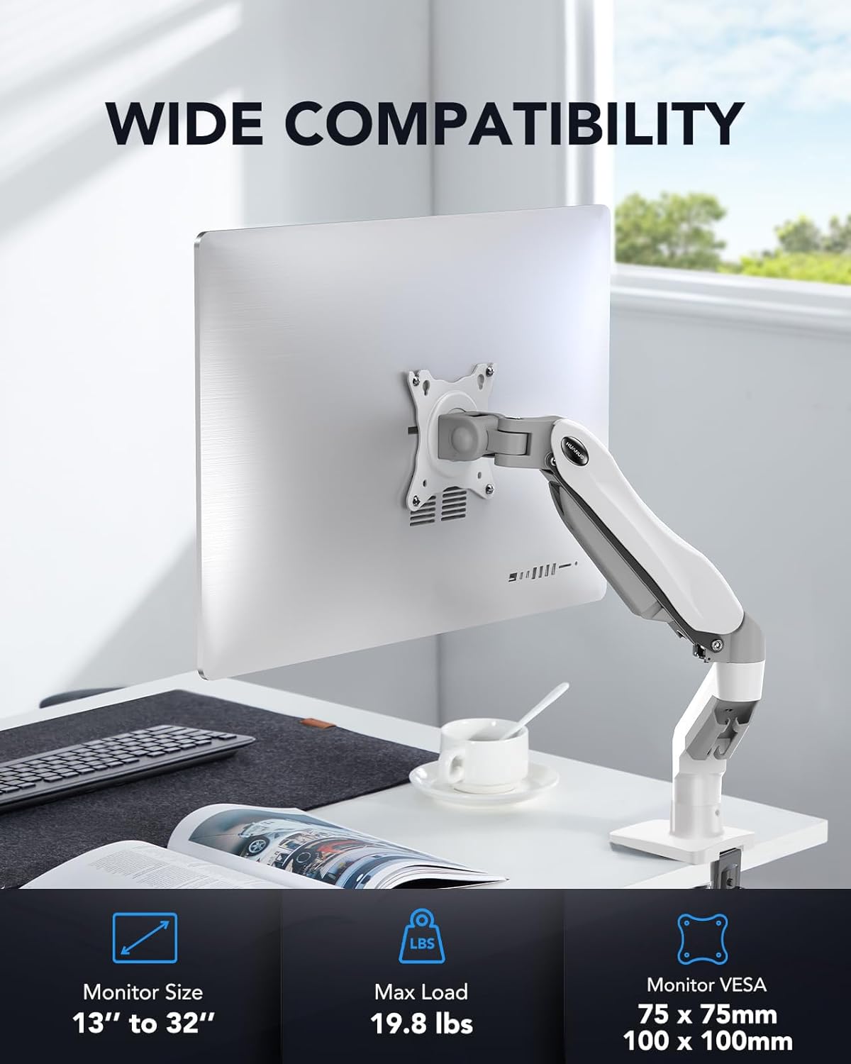 Single Monitor Mount, 13 to 32 Inch Gas Spring Monitor Arm, Adjustable Stand, Vesa Mount with Clamp and Grommet Base