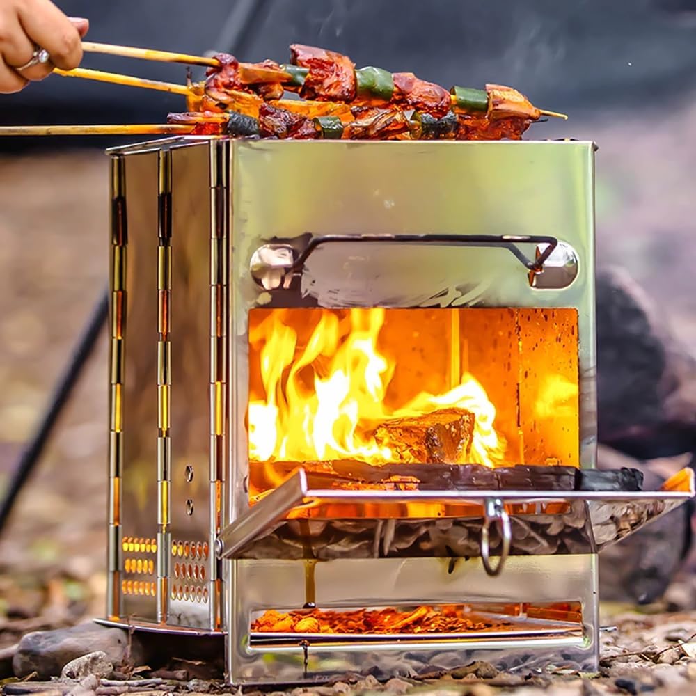 Wood Burning Folding Camp Stove Stainless Steel Grid, Portable Collapsible Backpacking Stove Survival Rocket Stove