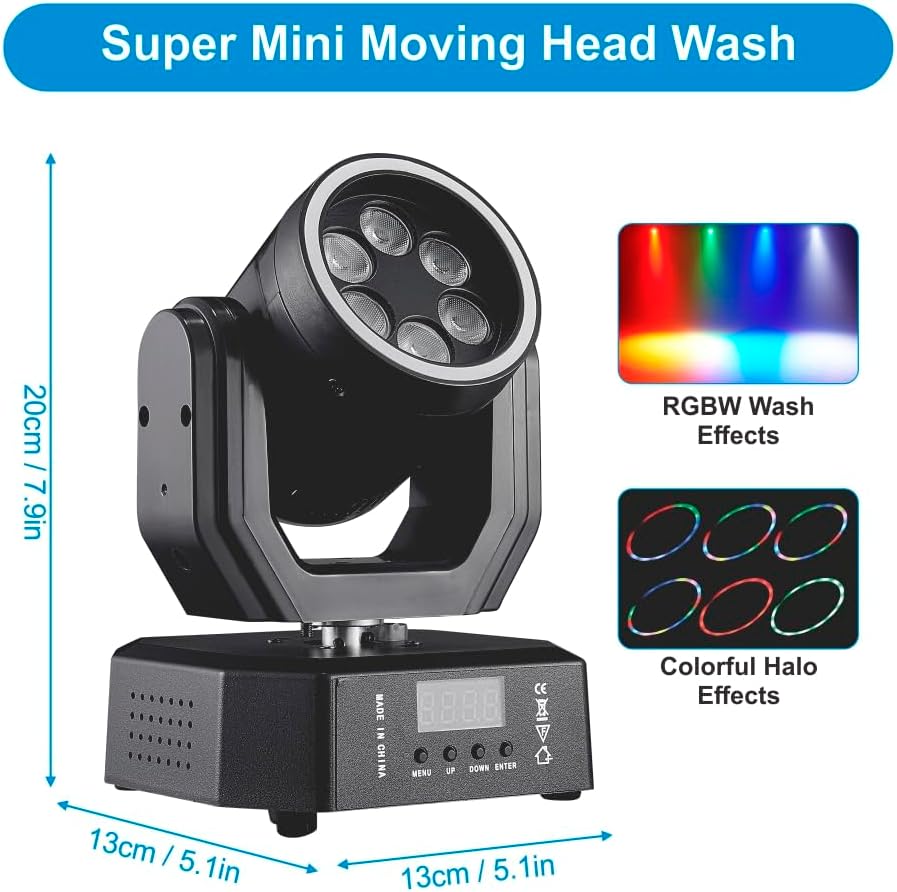 Mini Moving Head Lights, 30W Compact DJ Stage Lights with Remote | Led Moving Head Wash with Halo Effects, DMX512 &