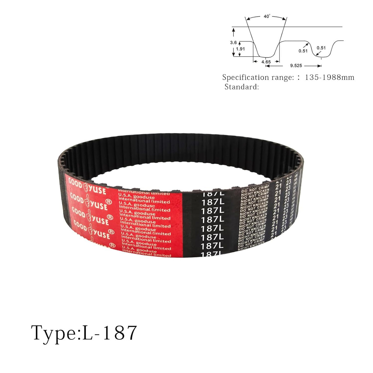 187-L-100 L Timing Belt, 18.7" Pitch Length x 1" Width x 0.14" Height, 50 Teeth Closed Loop Rubber Timing Belt