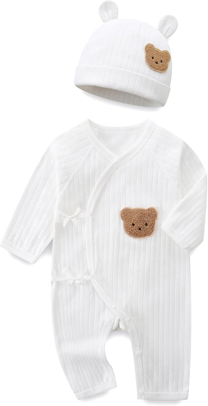 Baby Boy Romper with Hat 100% Cotton Girl Cute Bear Ribbed Long Sleeve Bodysuit
