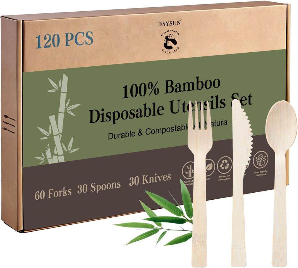 100% Bamboo Cutlery 120 Pack Set Disposable Compostable Utensils