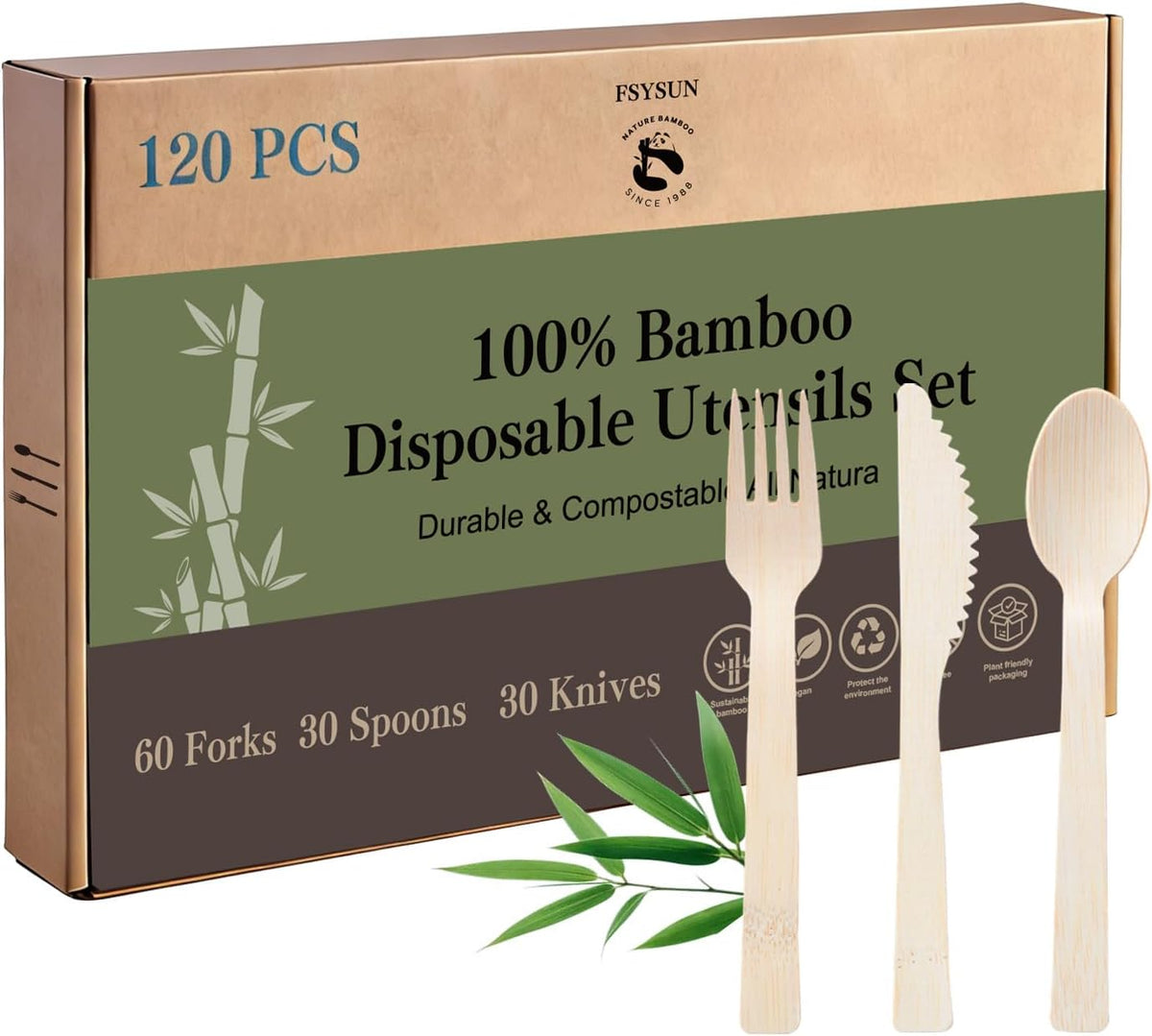 100% Bamboo Cutlery 120 Pack Set Disposable Compostable Utensils