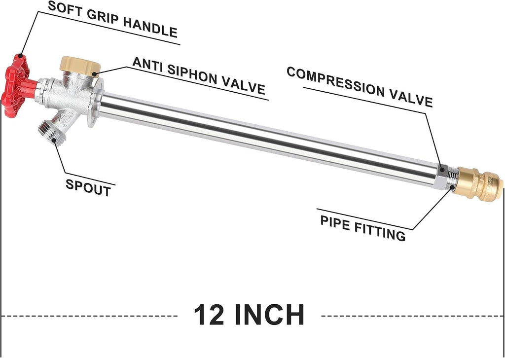 12 Inch Frost Free Sillcock, 1/2 Inch Push-to-Connect x 3/4 Inch MHT, No Lead Brass Frost Proof Outdoor Faucet Bib