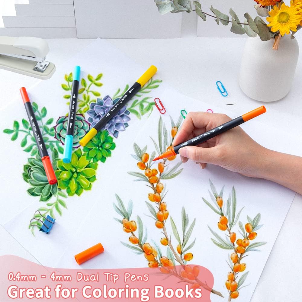 36 Dual Brush Markers for Adult Coloring Books - Fine & Brush Double Pens for Journaling, Calligraphy, Drawing, Art +